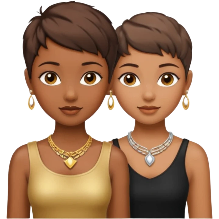 One black girl and one light brown girl and brown colored besties with brown hair pixie cuts wearing jewelry  both brown hair  emoji
