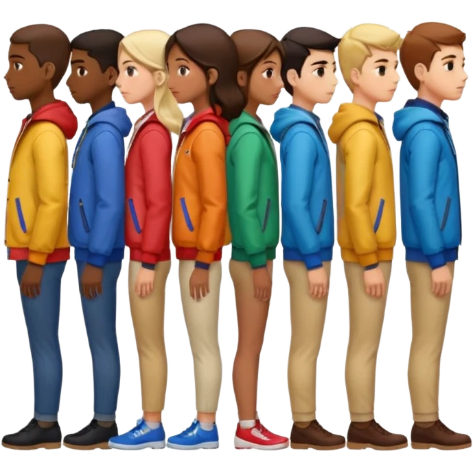 A row of five people standing one behind the other, all facing to the right, side view. emoji