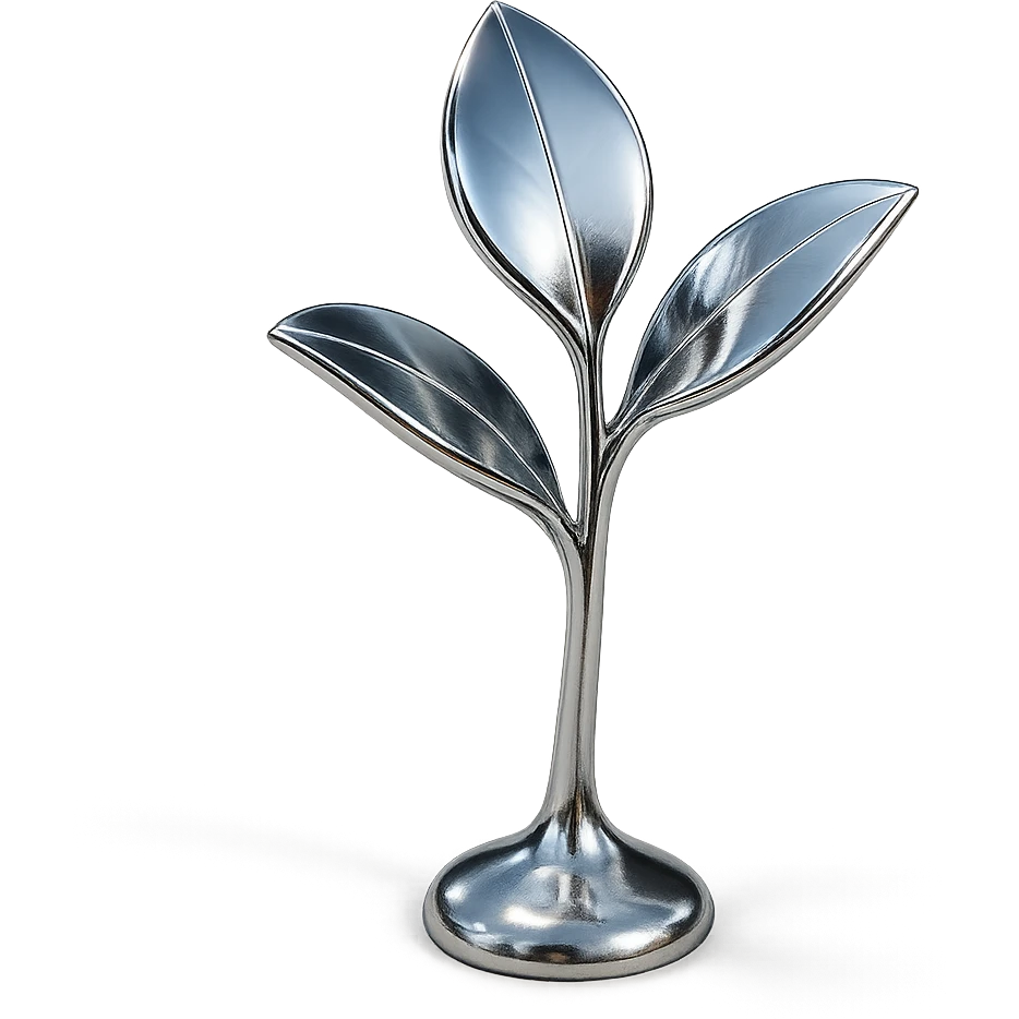 stylized chrome plant with three shiny petals growing upward, futuristic and smooth emoji