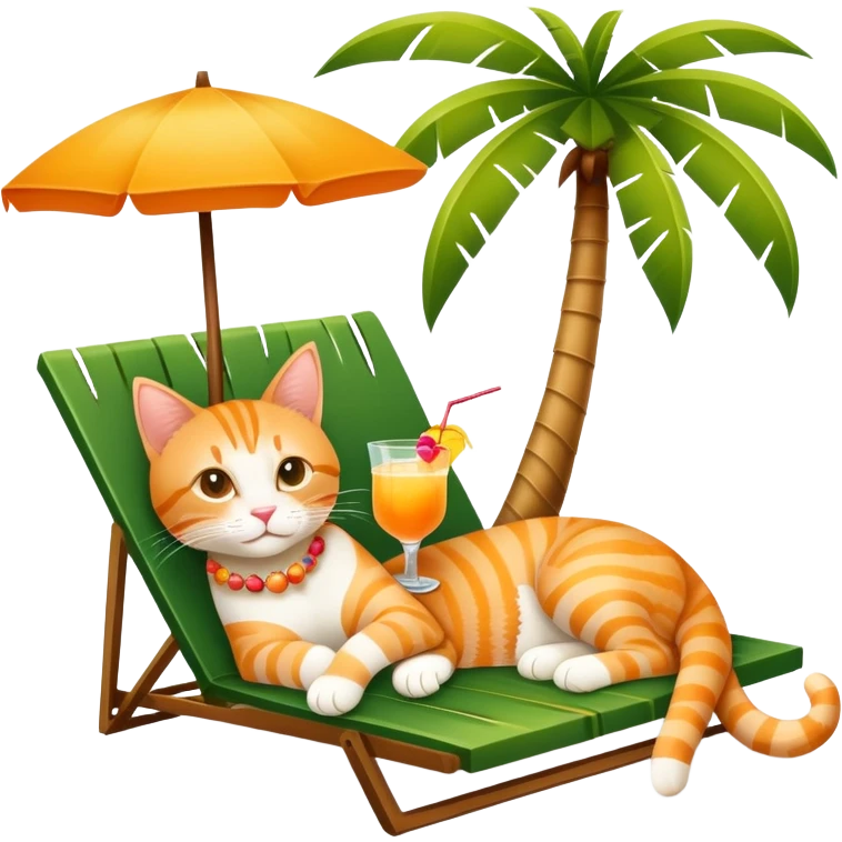 Orange tabby cat lounging under a palm tree with a mai tai tropical drink emoji