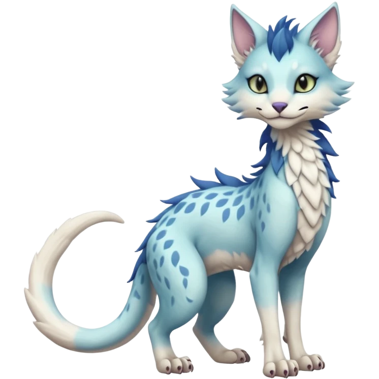 Kawaii whitish pastel divine realistic edgy fantasy feline-vernid-sergal-fursona animal creature with a tufted tail full body with intricate markings  emoji