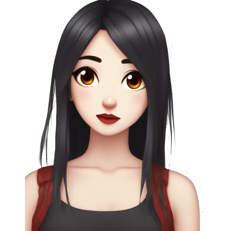 Gorgeous anime style lady with blushing face aesthetic and pretty edgy black and red long phair emoji
