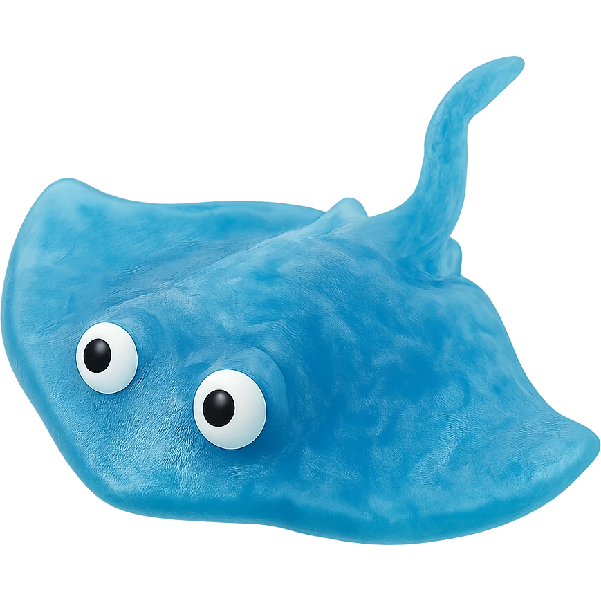 hyper-detailed retro 90's toy style see-through semi-transparent blue plastic stingray with derpy eyes soft plastic soft reflections soft and squishy some cloudiness not shiny highly detailed appealing no tag no background emoji