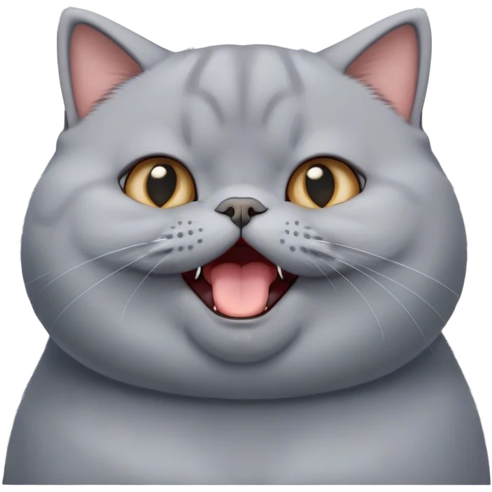 Cinematic Cute Chubby Grey British Shorthair Cat Portrait Emoji, Head tilted playfully and yawning, round and plump body with sleek soft grey fur and subtle blue undertones, Simplified yet adorable features, highly detailed, glowing with a warm, friendly glow, high shine, curious yet calm, stylized with a touch of whimsy, bright and endearing, soft glowing outline, capturing the essence of a mischievous yet loving and lazy kitty, so cute it feels like it could stretch out of the screen and cuddle! emoji