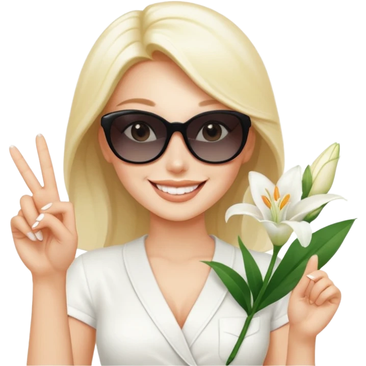 Professional sexy woman smiling holding lilies posing in shades  and flashing peace sign fingers emoji