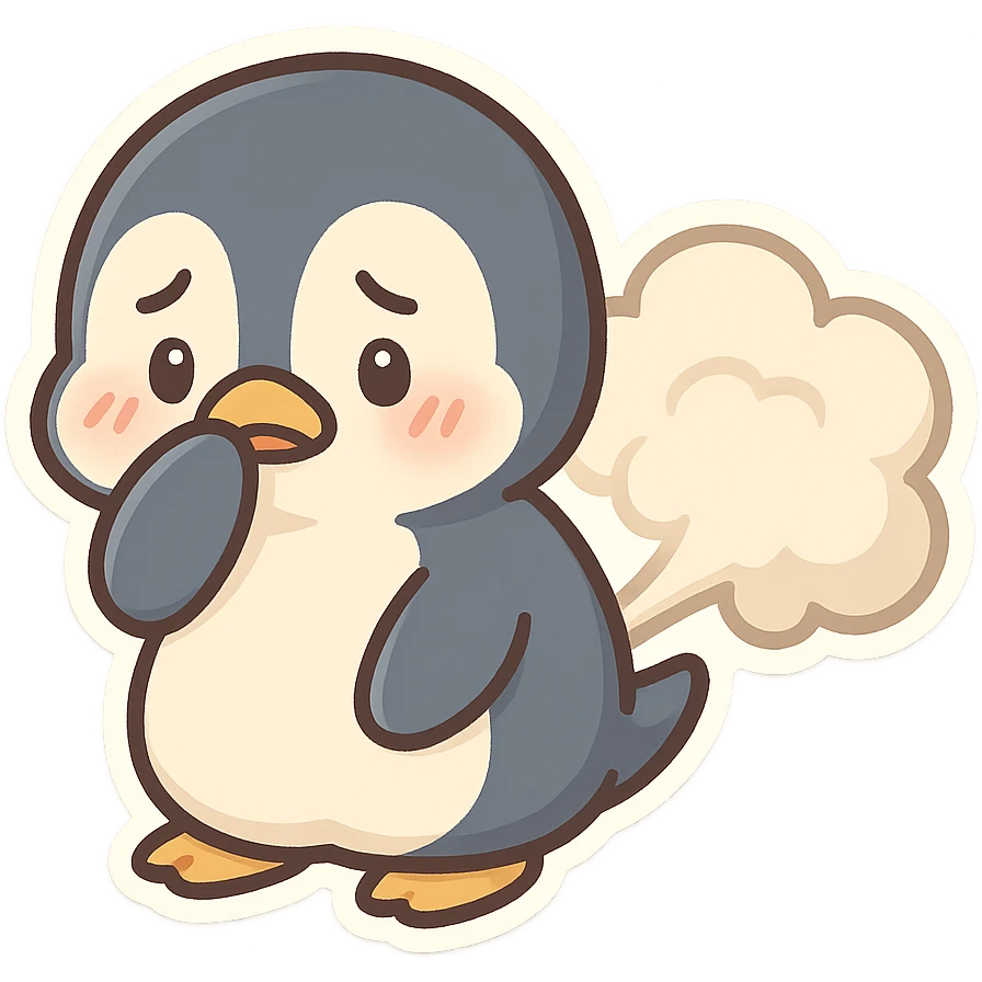 cute penguin with big fart cloud behind it looking embarrassed emoji