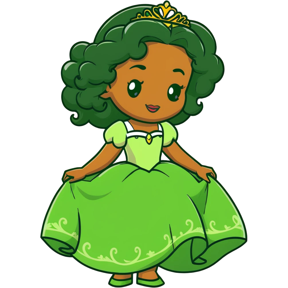 Disney Princess Tiana with extremely long black curly hair, green dress, 2c-3b curl pattern emoji