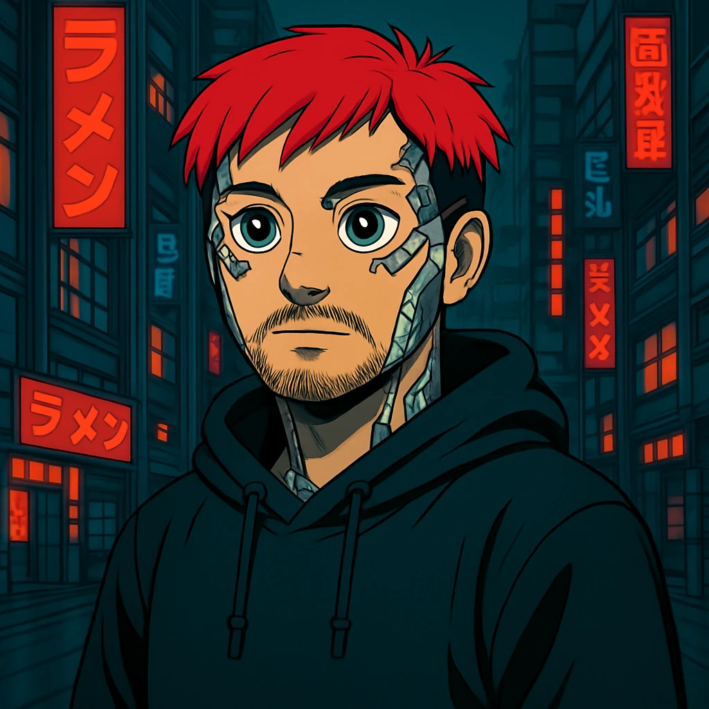 Add cybernetic implants to the Asian man, make the eyes a bit bigger, keep round face, less mustache, a bit of beard, red hair, black hoodie, Japanese cyberpunk anime style, futuristic city background emoji