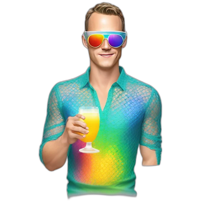 Fancy disco Jonathan Toews wearing rainbow lace shirt and wearing VR glasses and drinking a mimosa emoji
