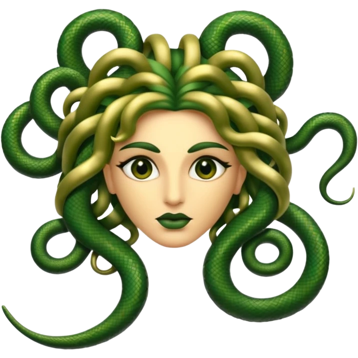 The Sicilian Medusa in gold and green and make the snake hair have snake faces  emoji