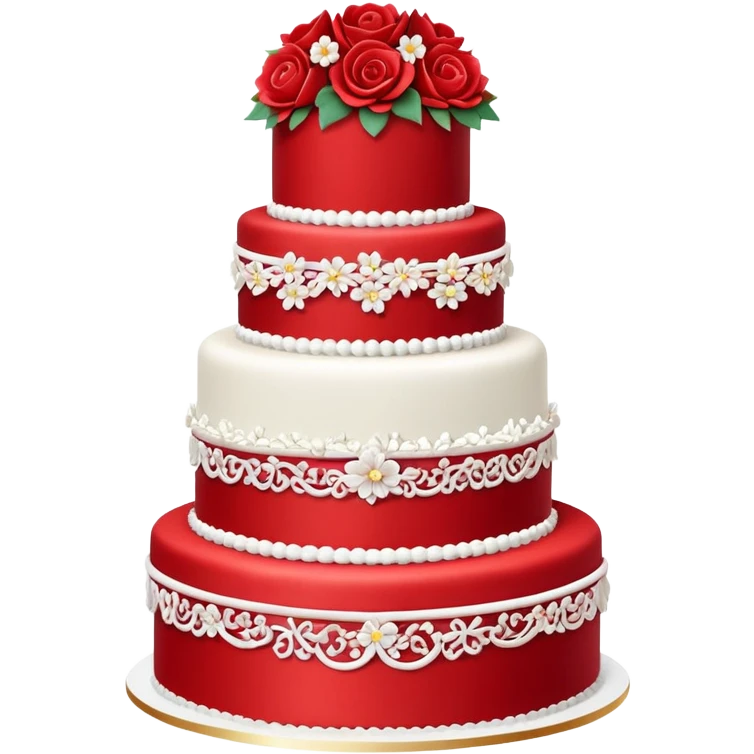 Elegant multi-tiered red wedding cake with white decorations and flowers emoji