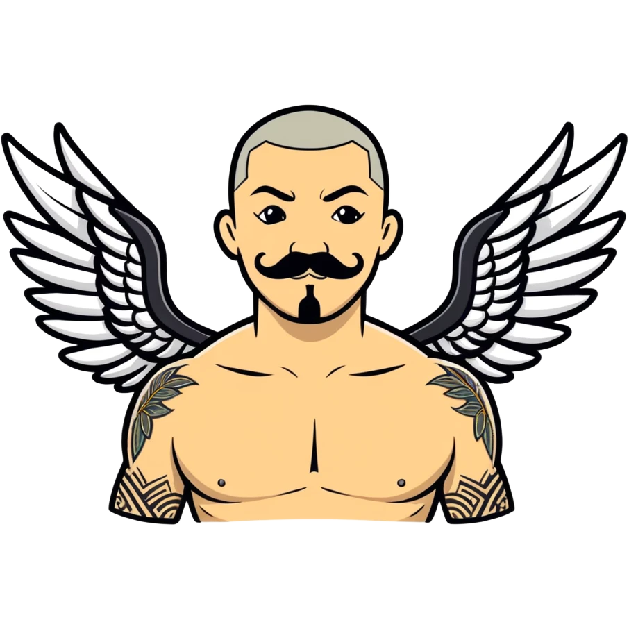 pumped up white male, buzz cut black hair, handlebar mustache black, two wings tattooed on his chest emoji