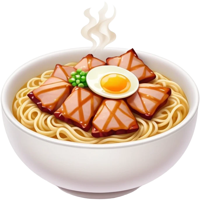 Cantonese Wonton Noodles with char siu pork, simplified emoji style with bold outlines and bright colors, cartoon style Hong Kong style thin egg noodles emoji