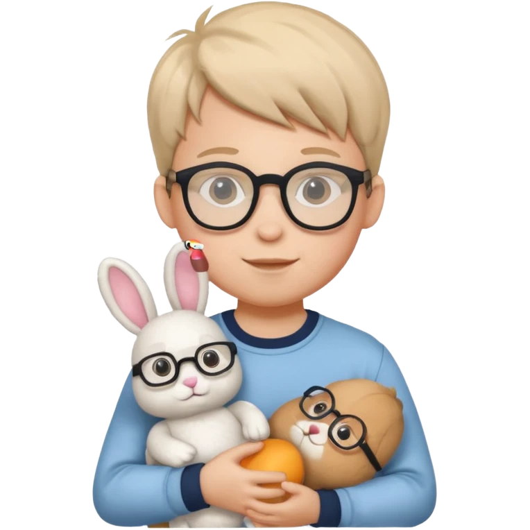 boy kid with glasses → holding a toy rabbit emoji