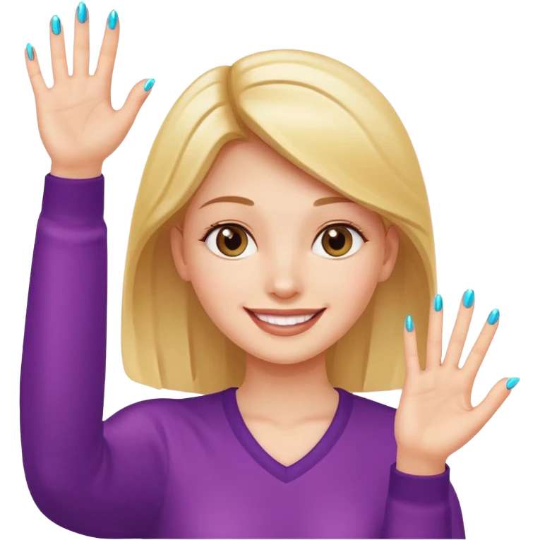 a girl with one hand raised, displaying a shiny new nail, smiling face emoji