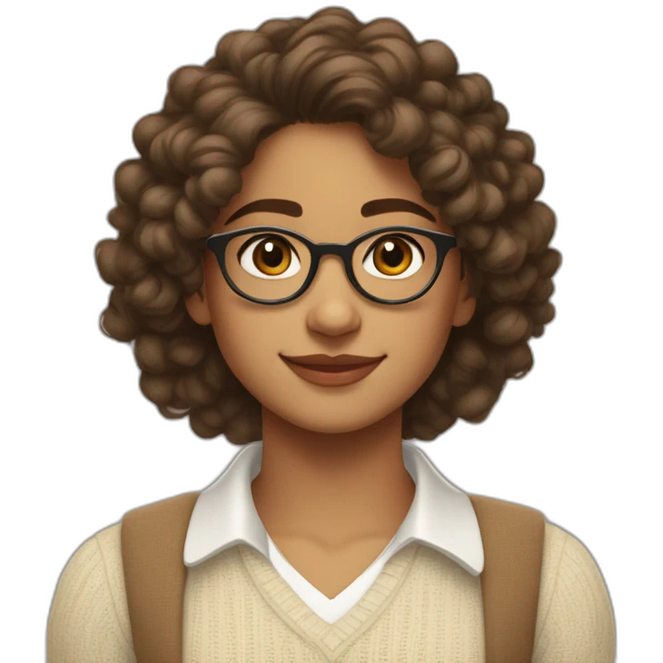 smiling indian teenage girl with curly hair and glasses wearing a collared long sleeve white shirt under a beige v shaped collar sweatervest with no buttons emoji