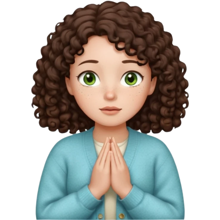 young girl in cozy cardigan milky blue tones, green eyes wide open, freckles, plump lips, dark brown curly hair below shoulders, hands folded in prayer or gratitude, looking forward, emoji style emoji