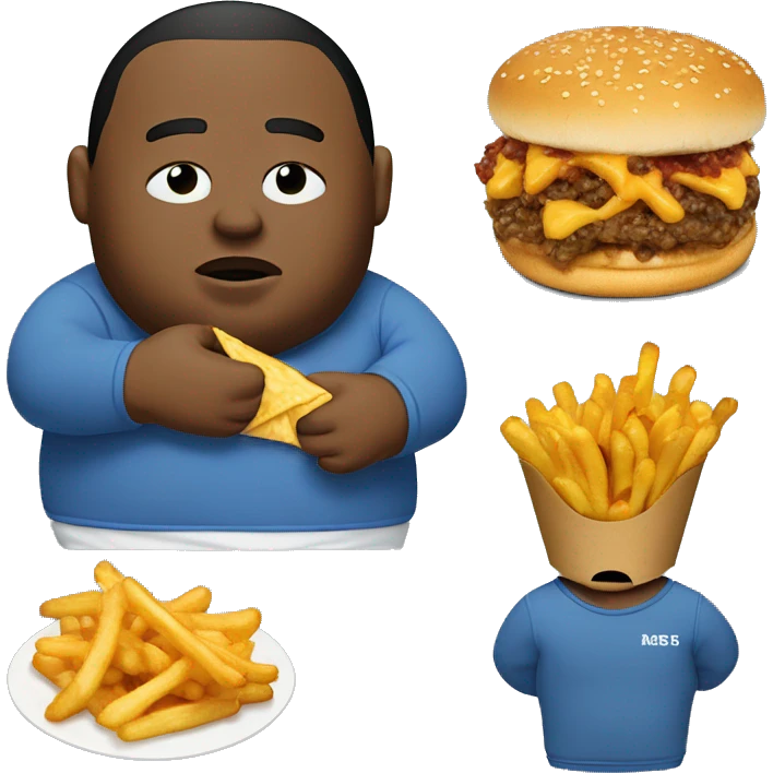 fat man in dirty blue sweatsuit with chili cheese fries in his mouth emoji