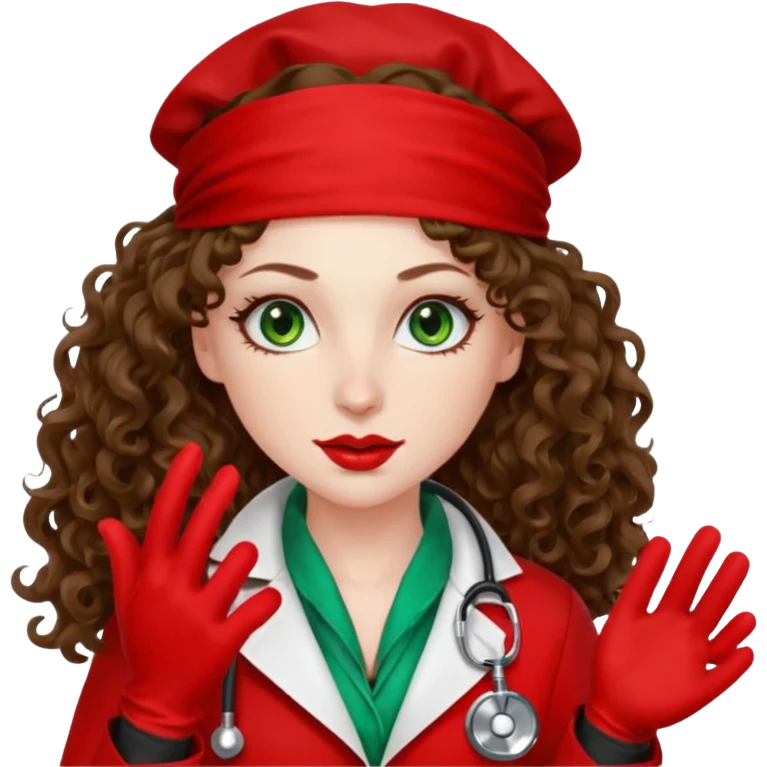Spanish sexy evil woman. She has green eyes.  had brown long curly hair.  evil surgeon kills with needle wears red sexy doctor coat with red bandana on her mouth and nose to hide and wearing red gloves.  emoji