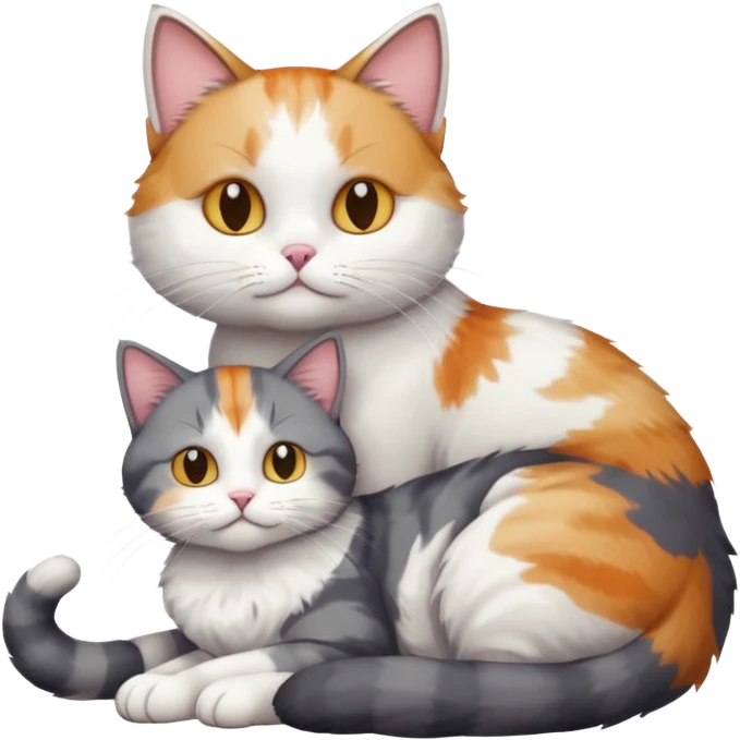 full body colourful light patched calico + white tabby cat cuddling a big grey and white cat  emoji