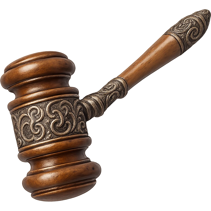a fancy and detailed gavel, intricate design, elegant, ornate handle, polished wood, metallic accents emoji
