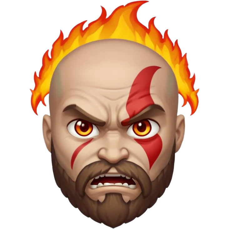 A custom emoji design of "Kratos" from "God of War", "Rage mode with fire eyes", "Apple Emoji Style", isolated on white background, clean lines, high quality sticker style, vector graphics, minimalistic emoji