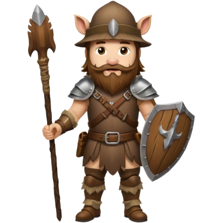 full body man long brown hair brown eyes medium beard white skin wearing boar hat and bark armor emoji