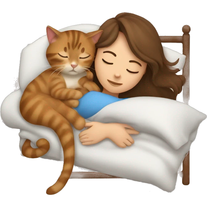 brown haired girl sleeping with tabby brown cat in bed emoji