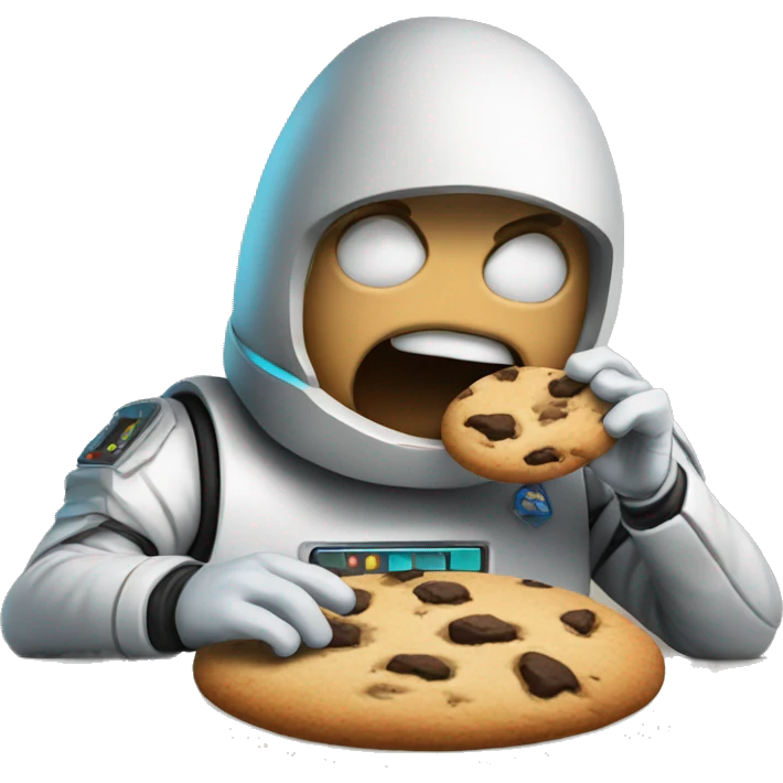 man eating a cookie while fighting aliens with a lazer and coding emoji