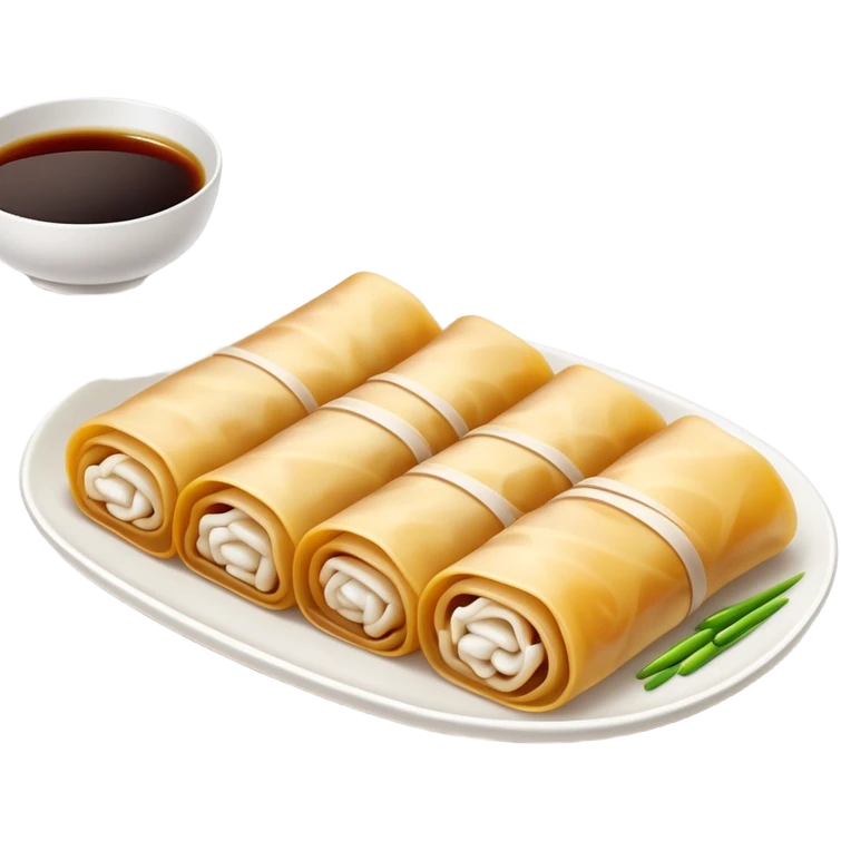 Cantonese rice noodle roll Cheung Fun with soy sauce and sesame seeds, simplified emoji style with bold outlines and bright colors, cartoon style translucent rolled rice sheets on plate emoji