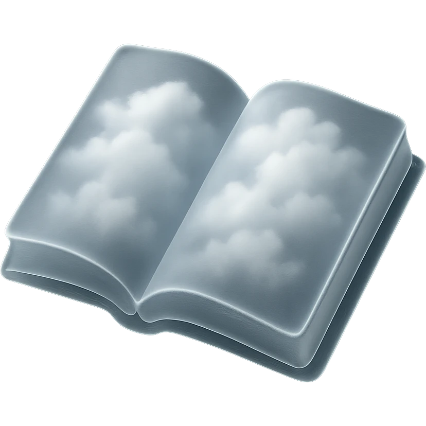 развернутая книга, страницы выглядят как белые пушистые облака, стиль matte glass emoji