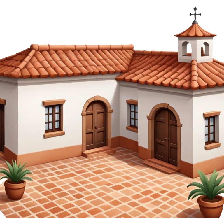 Traditional Spanish hacienda with white walls, terracotta roof, iron details, and small courtyard emoji