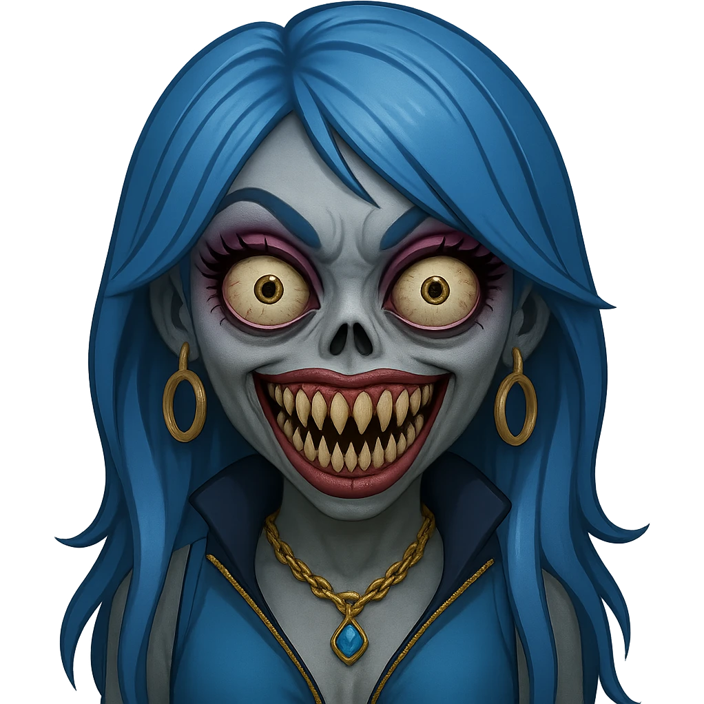 Make the character look creepy while keeping the gyaru style, blue hair, pretty makeup, and bratz baddie vibe. The style should resemble emoji style with no background. emoji