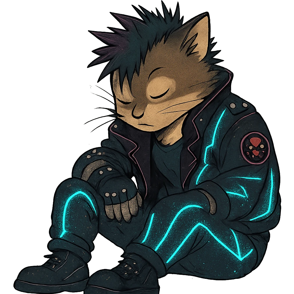  a anthro cat laying down his head to nap, punk gothic style, futuristic cyberwave cyberpunk, sitting position emoji