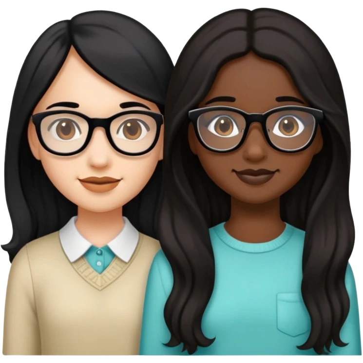 Make two girls. The first one with black glasses and long, straight, black hair, also with braces. The second one has dark skin, but flesh. Her hair is long and brown, a little wavy, and has some volume. emoji
