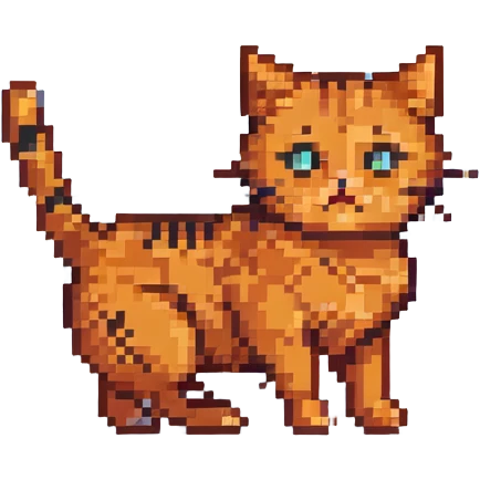 playful orange cat with black stripes, pixel art style emoji