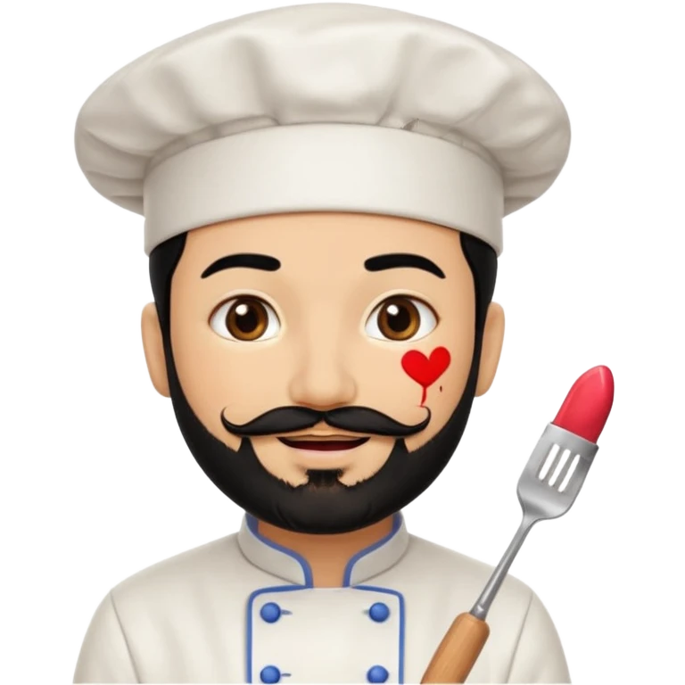CHEF CON PELO NEGRO Y BARBA NEGRA, OJOS MARRON OSCURO. SONRIE Y TIENE MARCAS DE BESOS CON PINTALABIOS EN FORMA DE LABIOS emoji