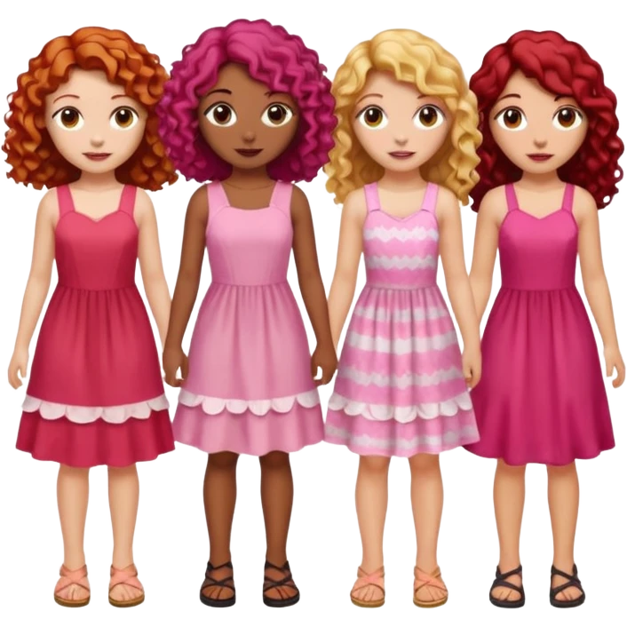 5 girls  curly redhead, one with brunette dyed blonde hair, one long haired wavy brunette, one mid-length haired brunette, and one black haired girl with partially dyed bright red/pink hair emoji
