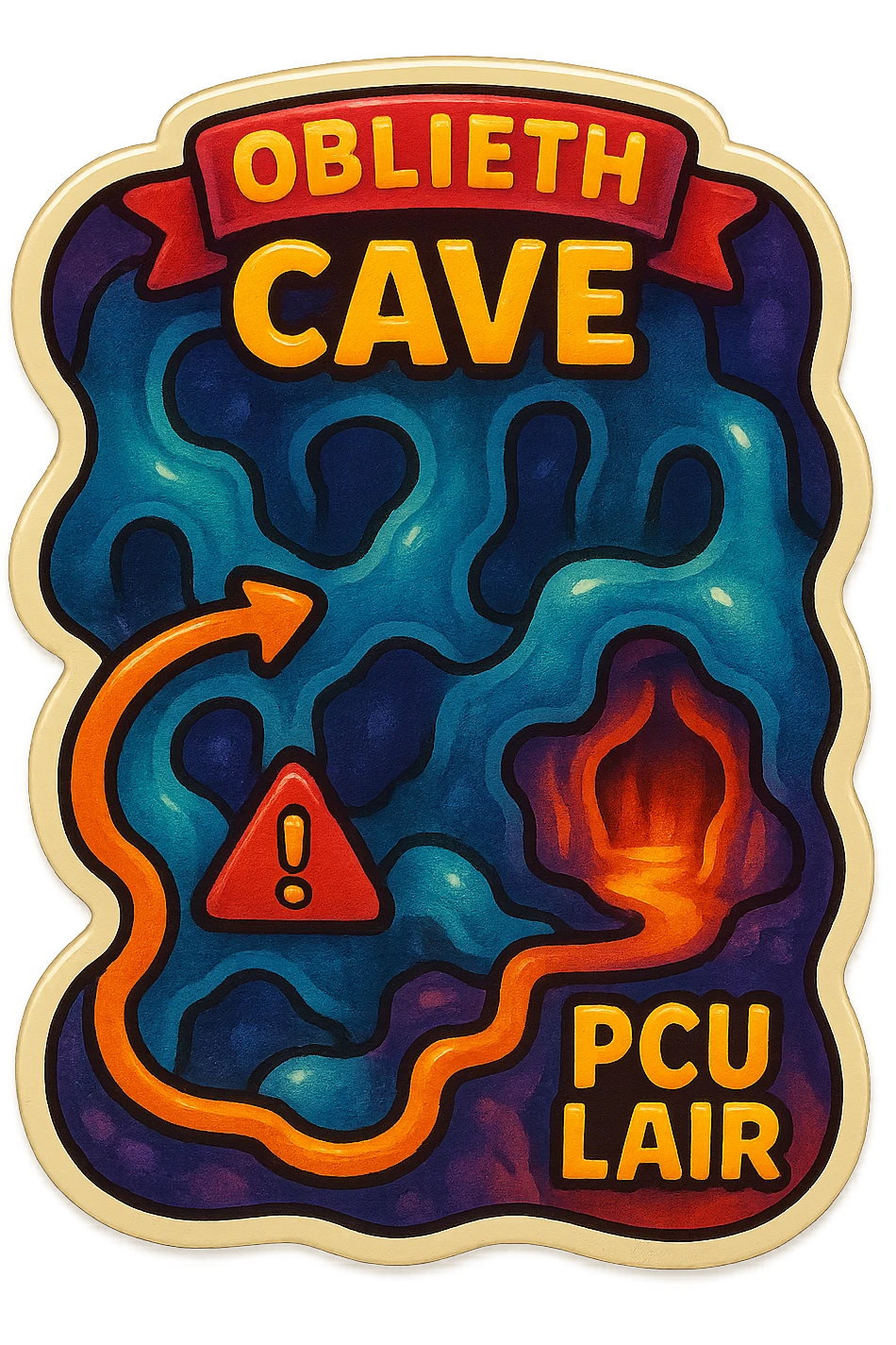 a hand drawn map of how to navigate the Oblieth cave system to find the PCU Lair emoji
