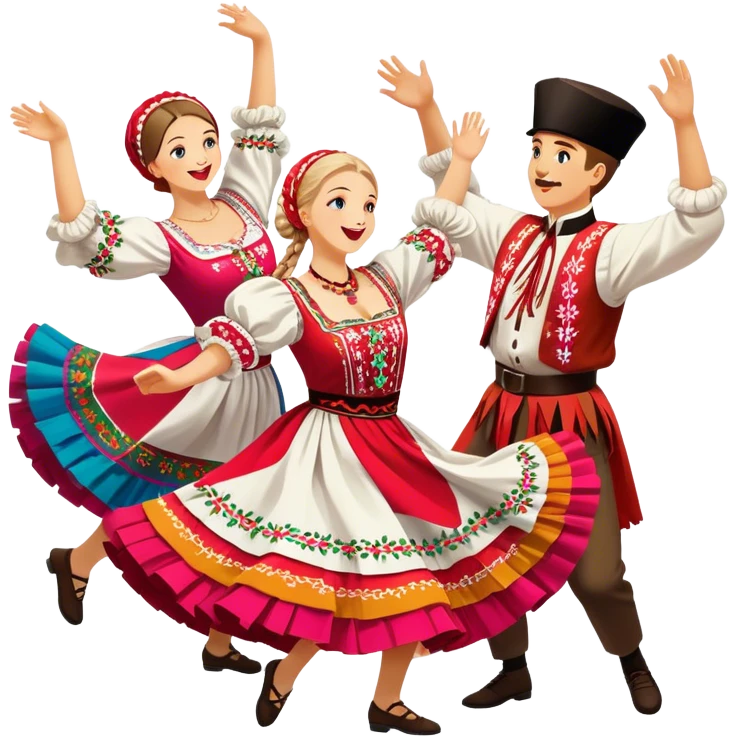 Cinematic Realistic Mazurka Dance Emoji, depicted as a lively traditional Polish folk dance scene with colorful costumes and spirited movement, rendered with dynamic textures and vibrant festive lighting that captures its rhythmic energy. emoji