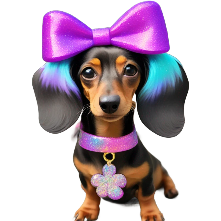Lisa frank glitter fluffy dachshund with bows on head emoji