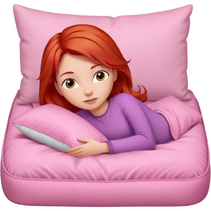 Red hair girl laying in a pink bed with pillow emoji