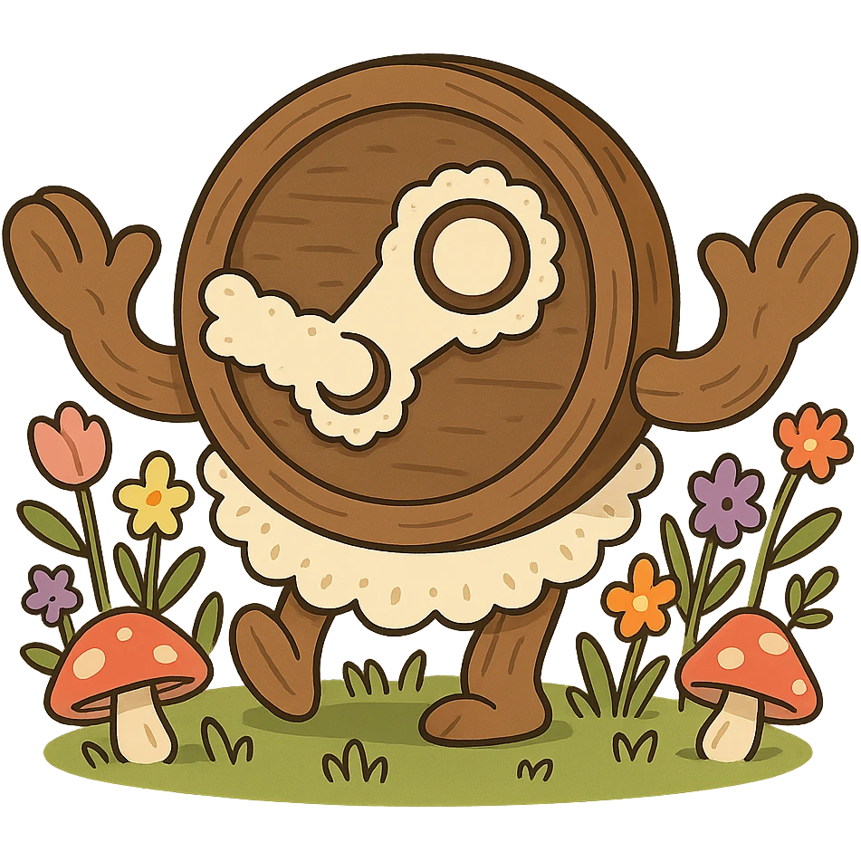cartoonier cottagecore Steam logo: circle and arms made of exaggerated rounded wood, oversized lace, bright pastel wildflowers, cute mushrooms, whimsical playful cozy, no text emoji