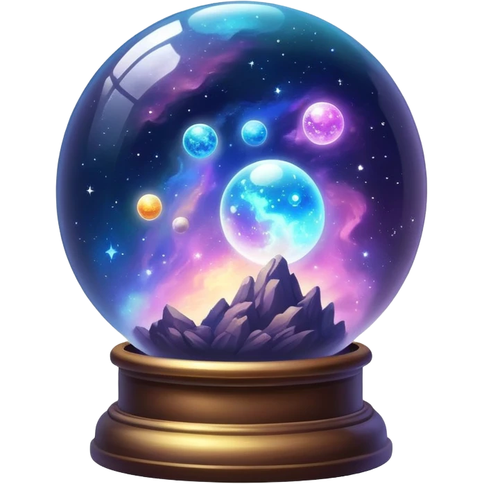 Tiny mystical mysterious celestial sparkly cloudy magical glowing spherical nebula planets inside a glass globe dome emoji