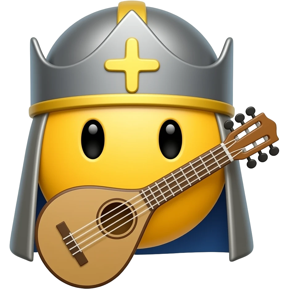 verry round yellow face emoji with a "medieval bard hat" and a "medieval bard instrument", "no arms nor hands" emoji