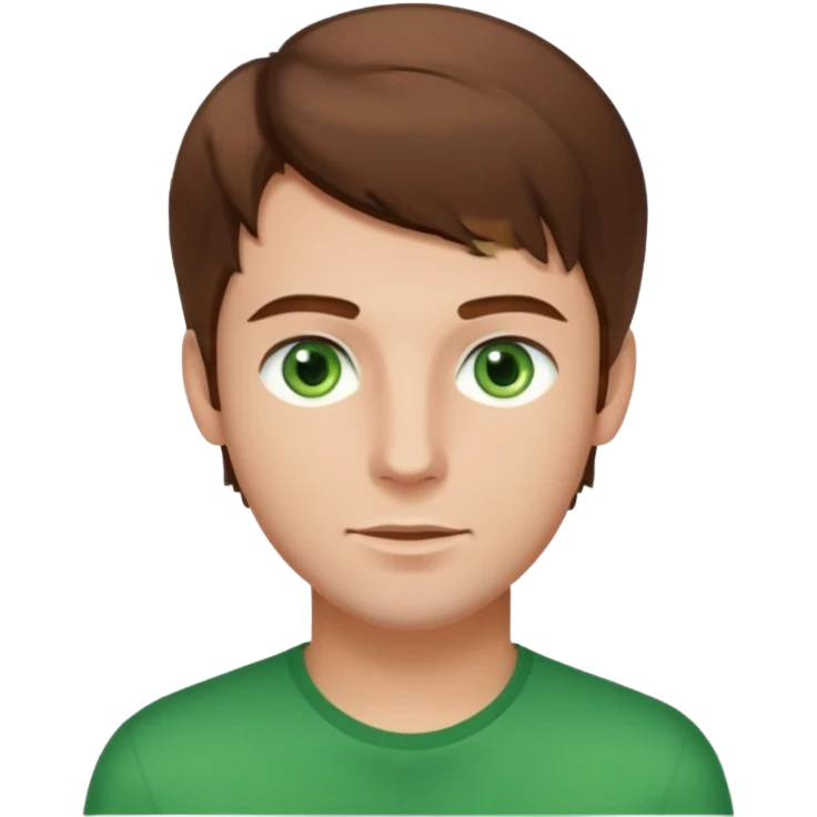 young man with brown hair that goes really high up, green eyes wide open emoji