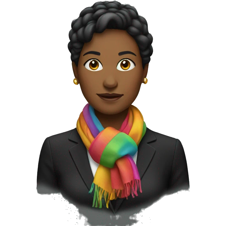 woman in a black suit with colofrul scarf around the neck instead of tie emoji
