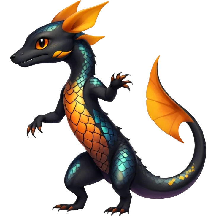 Colorful Iridescent Exotic Black and Orange Salandit-Aurorus-Umbreon-Fakémon-hybrid-creature (full body)  emoji