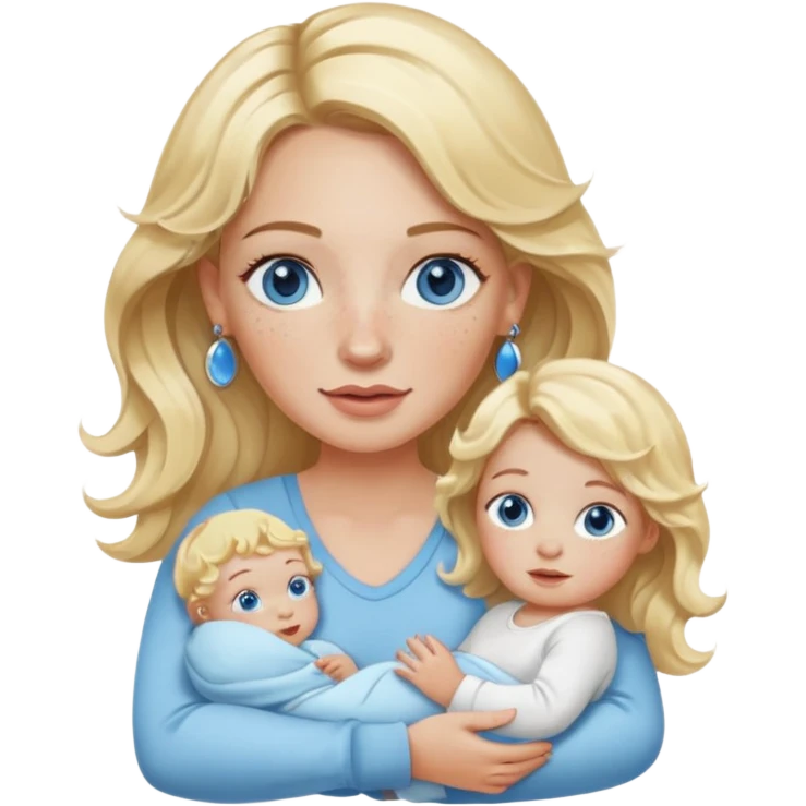 Wavy blonde, white woman with blue eyes, freckles hoop earrings, holding babies emoji
