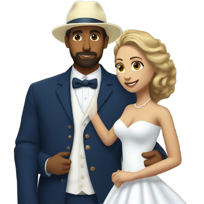 Puerto rican beard short hair with blue hat and navy blue suit getting Married with blond long hair girl with white  wedding dress  emoji